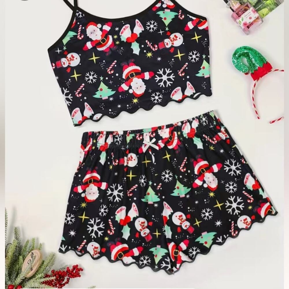 New Black Red Green Holiday Pajama Sleep Set Shorts Tank Cami Large Christmas